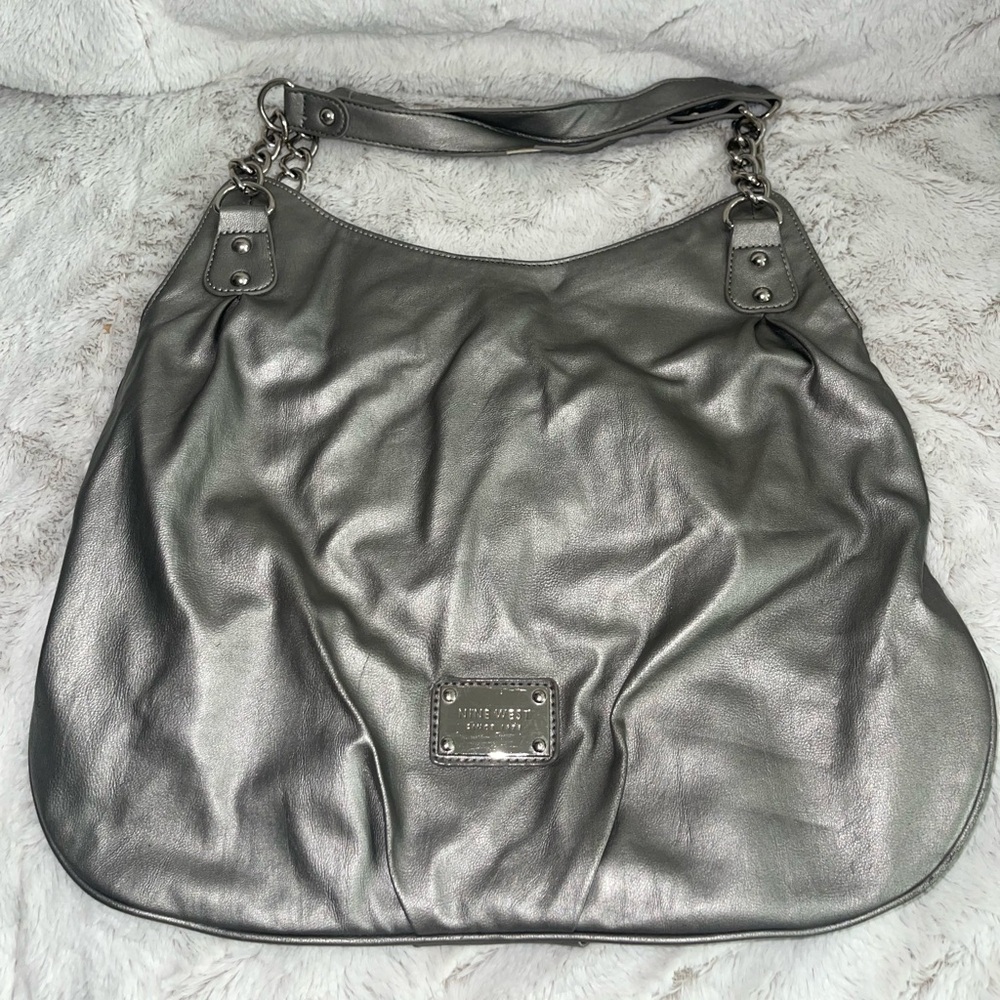 Nine West Silver Hobo Bag with Chain Details